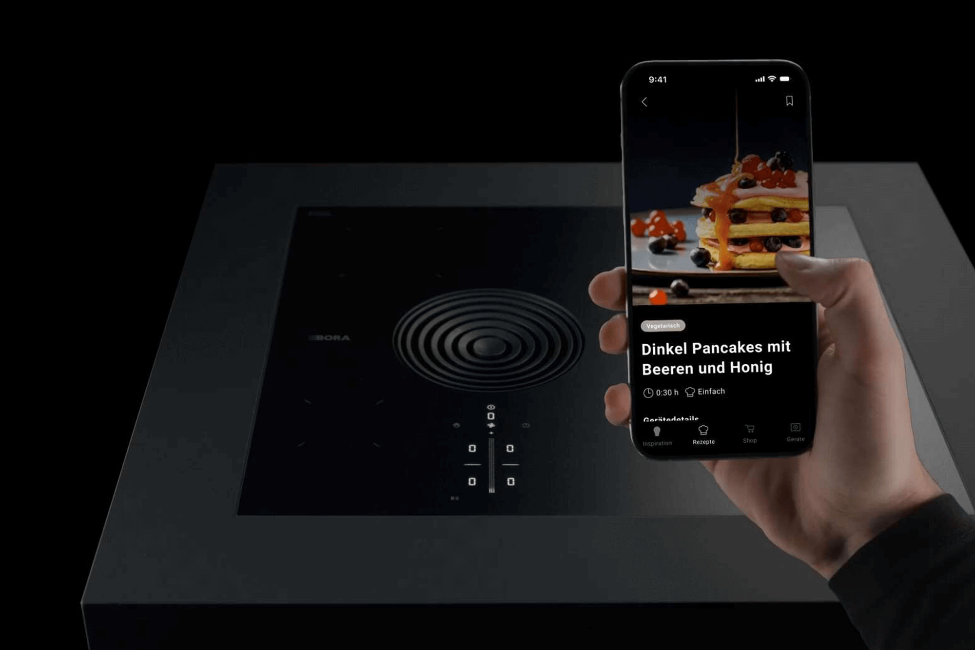 Bora x Pure Kochfeld mit App-Steuerung-Rezeptauswahl