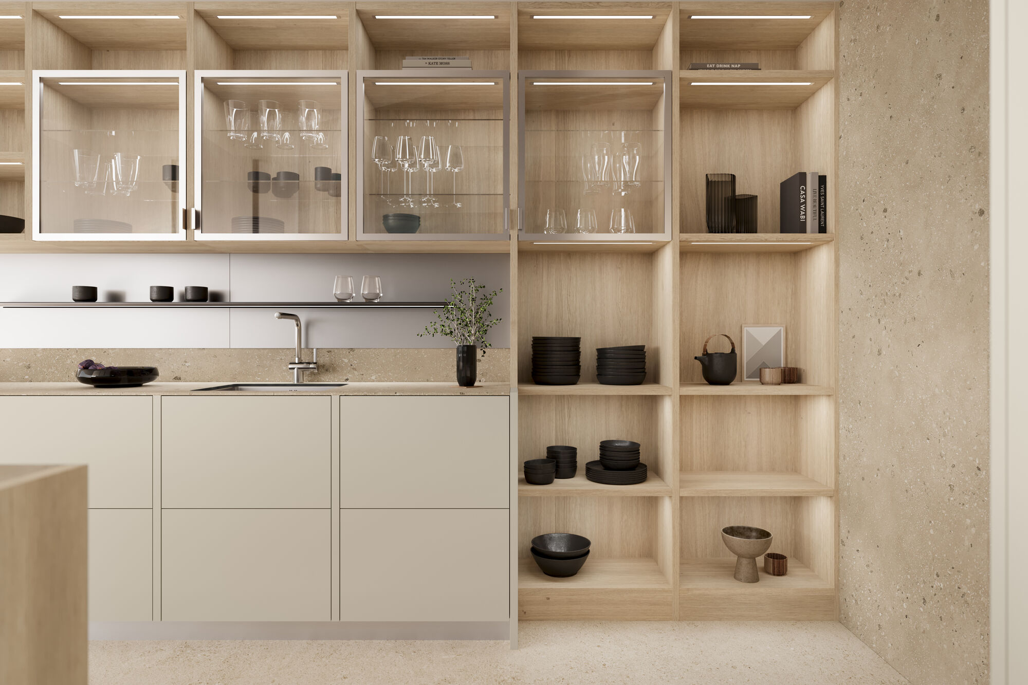 leicht designkueche beige holz glasvitrinen